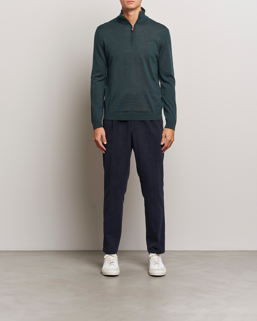 Men | Sweaters & Knitwear | GANT | Extrafine Merino Wool Half Zip Tartan Green