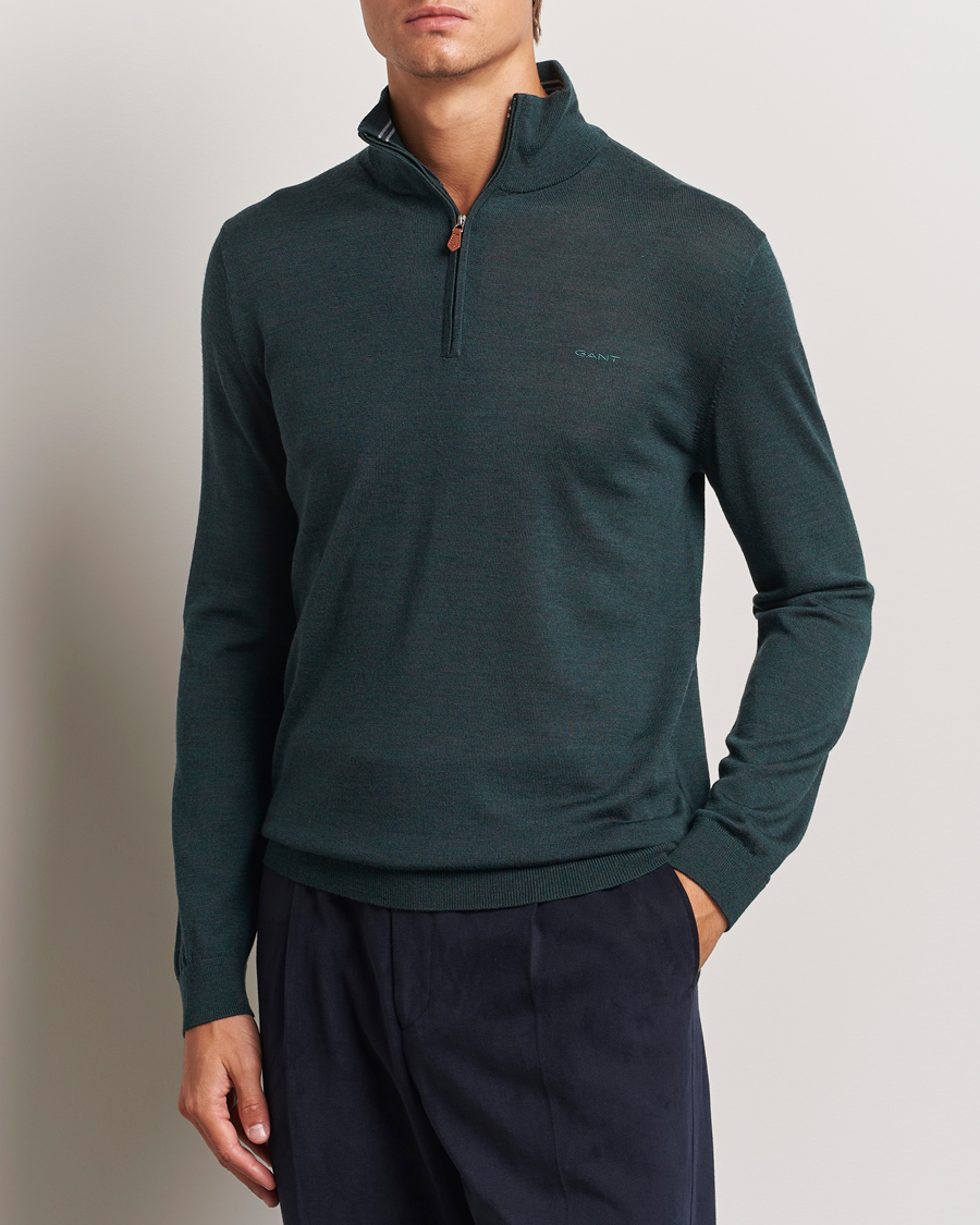 Men | Sweaters & Knitwear | GANT | Extrafine Merino Wool Half Zip Tartan Green