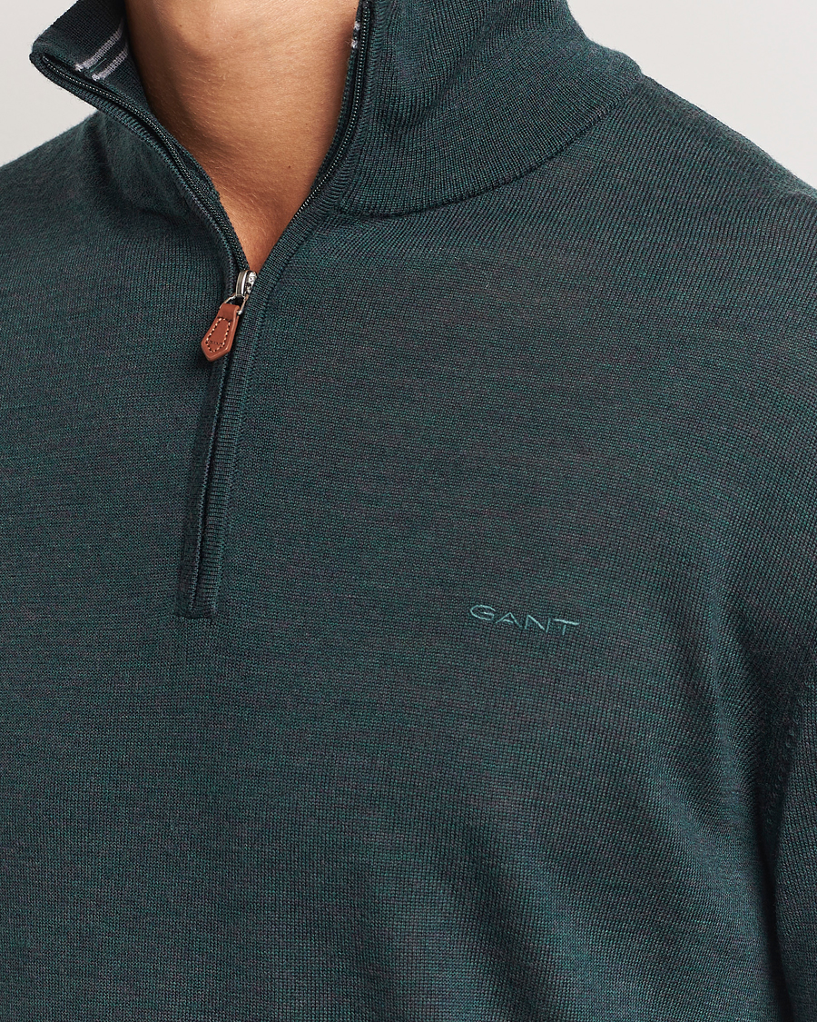 Men | Sweaters & Knitwear | GANT | Extrafine Merino Wool Half Zip Tartan Green