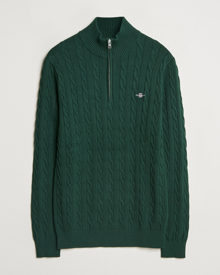 Men | Sweaters & Knitwear | GANT | Cotton Cable Half Zip Tartan Green