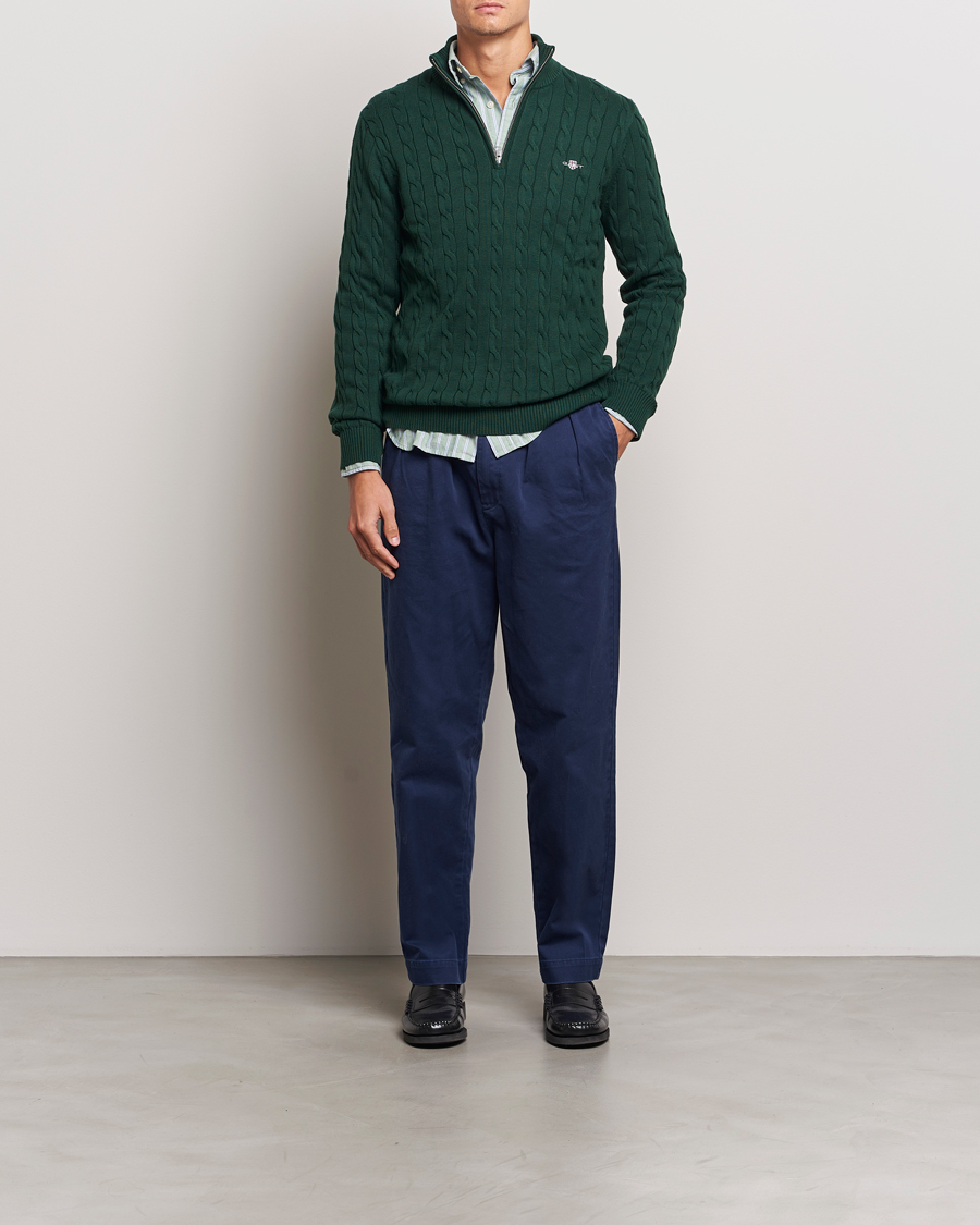 Men | Sweaters & Knitwear | GANT | Cotton Cable Half Zip Tartan Green