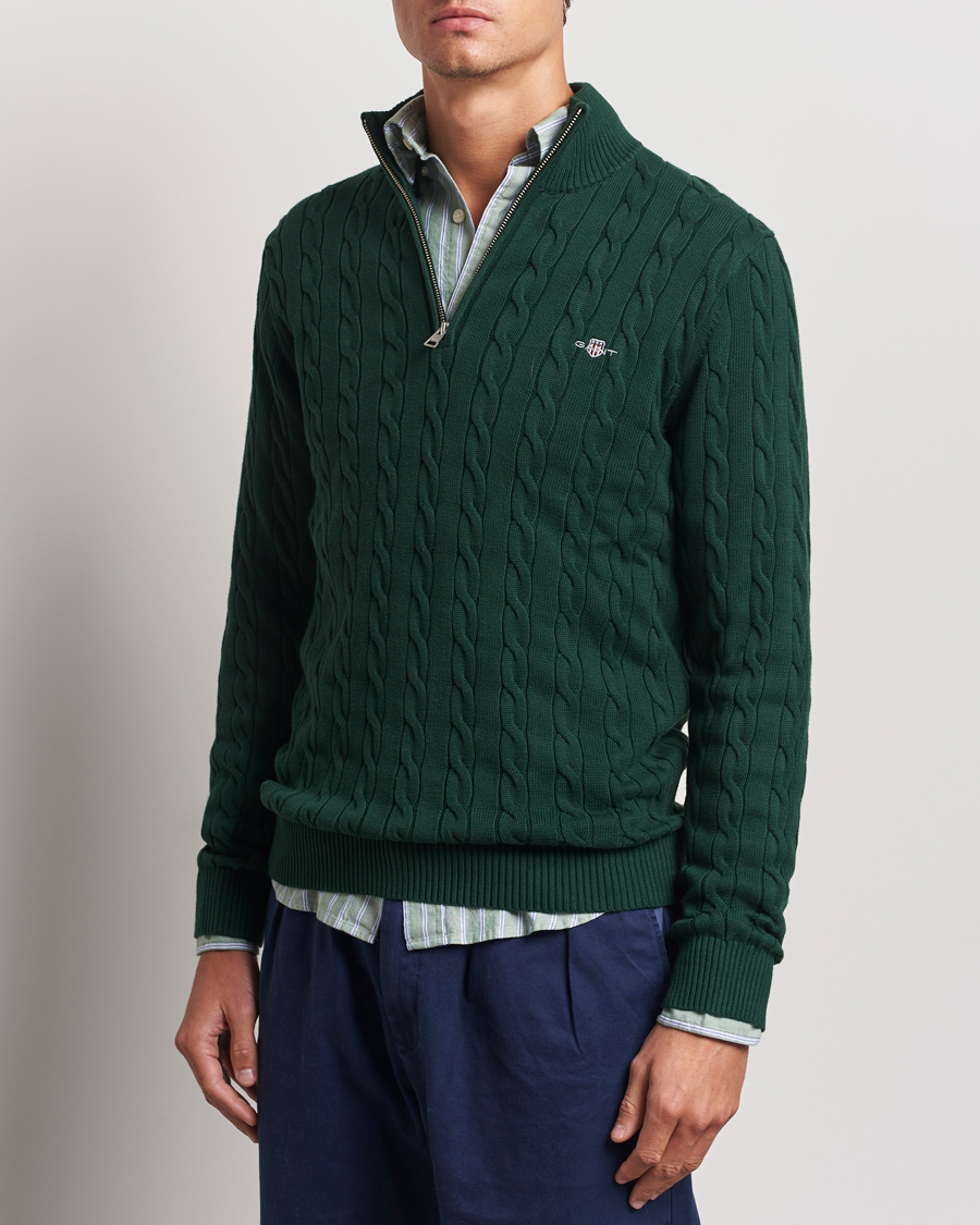 Men | Sweaters & Knitwear | GANT | Cotton Cable Half Zip Tartan Green