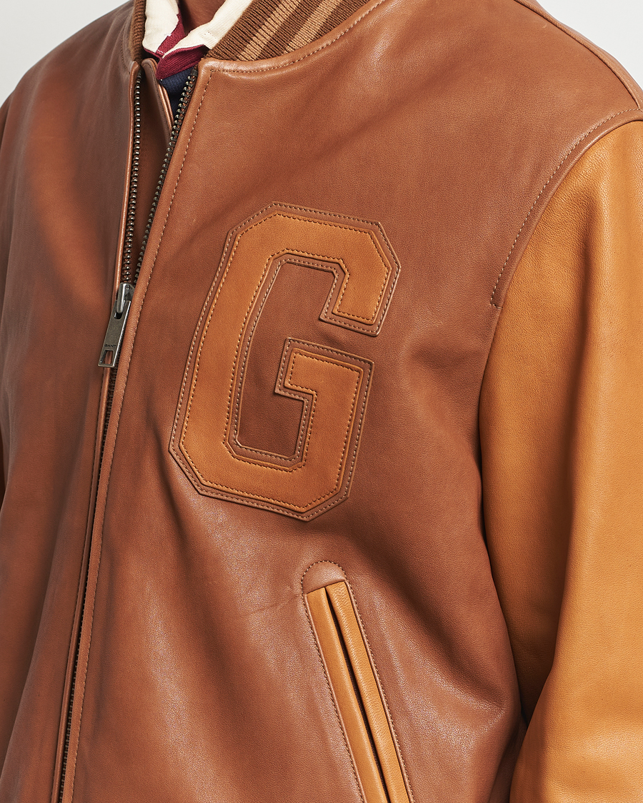 Men | Coats & Jackets | Gant | Leather Varsity Jacket Brown Sugar