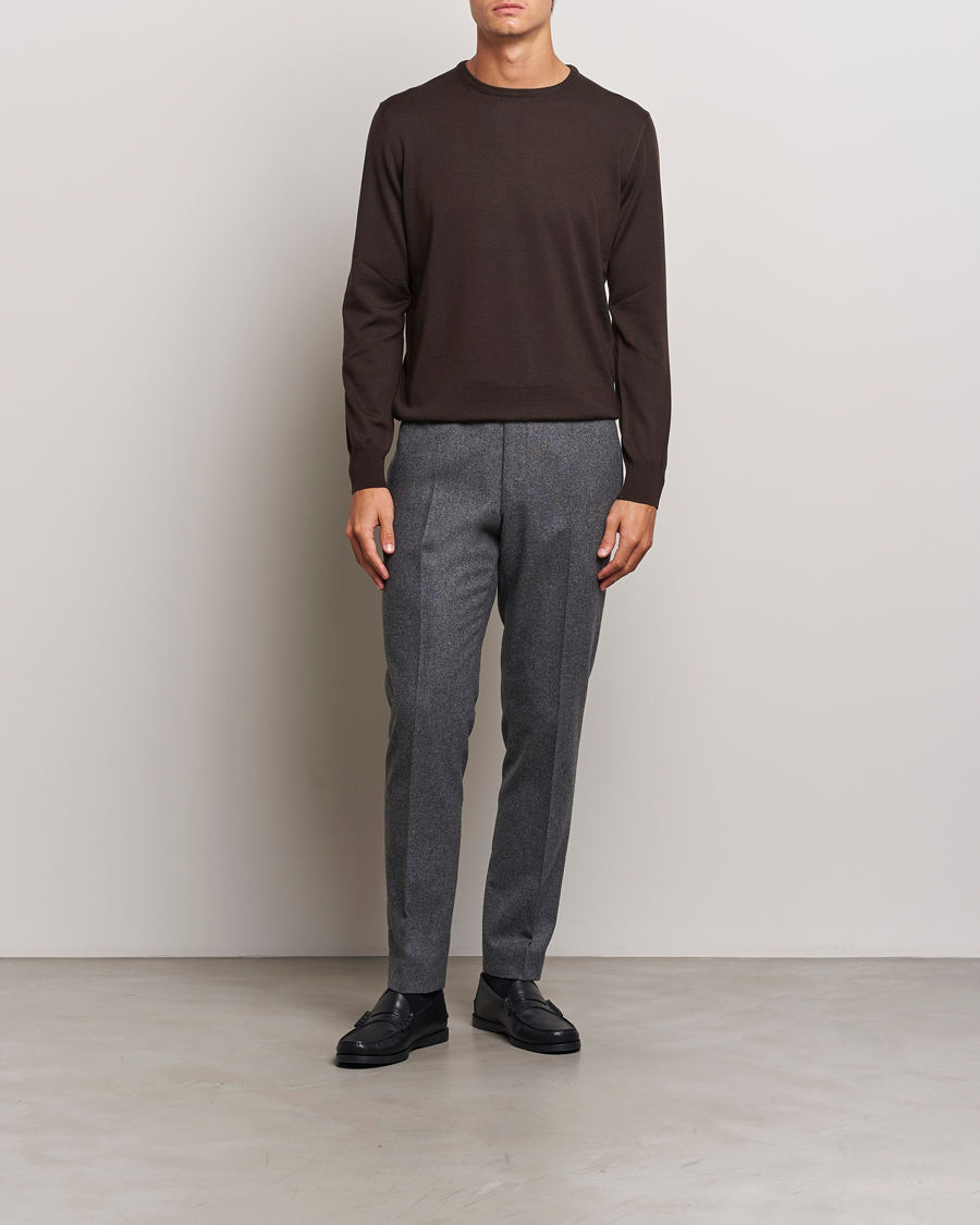 Men | Sweaters & Knitwear | Morgano | Extra Fine Merino Wool Crewneck Dark Brown