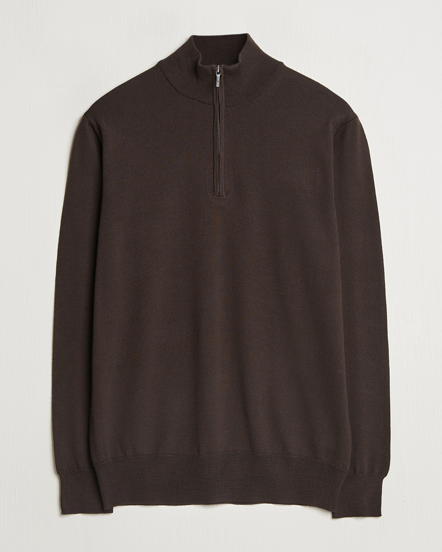Men | Sweaters & Knitwear | Morgano | Extra Fine Merino Wool Half-Zip Dark Brown