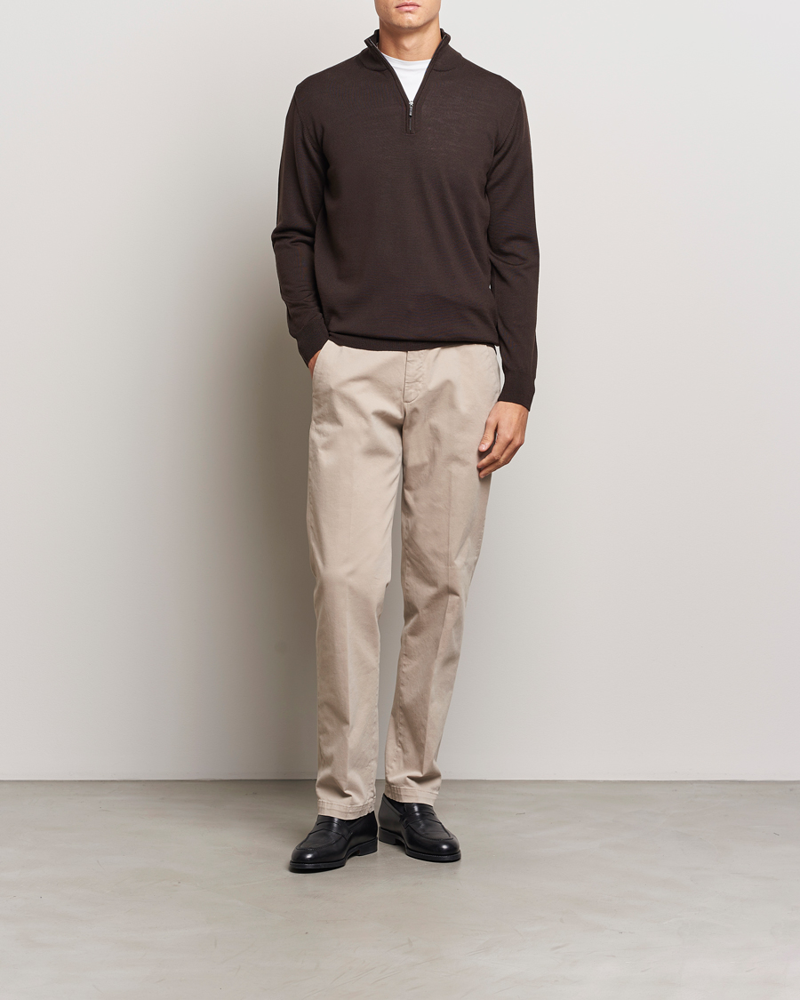 Men | Sweaters & Knitwear | Morgano | Extra Fine Merino Wool Half-Zip Dark Brown