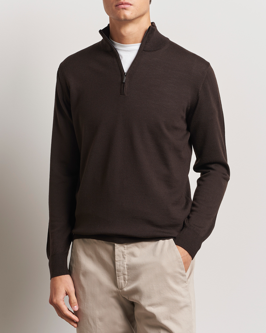 Men | Sweaters & Knitwear | Morgano | Extra Fine Merino Wool Half-Zip Dark Brown