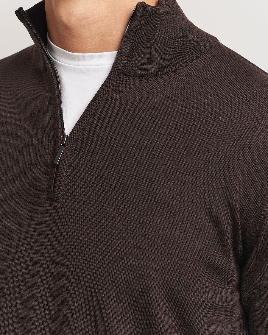 Men | Sweaters & Knitwear | Morgano | Extra Fine Merino Wool Half-Zip Dark Brown