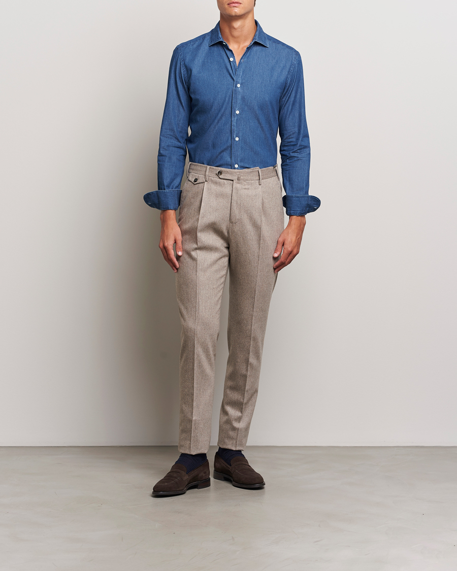 Men | Shirts | Mazzarelli | Soft Cotton Denim Shirt Stone Wash