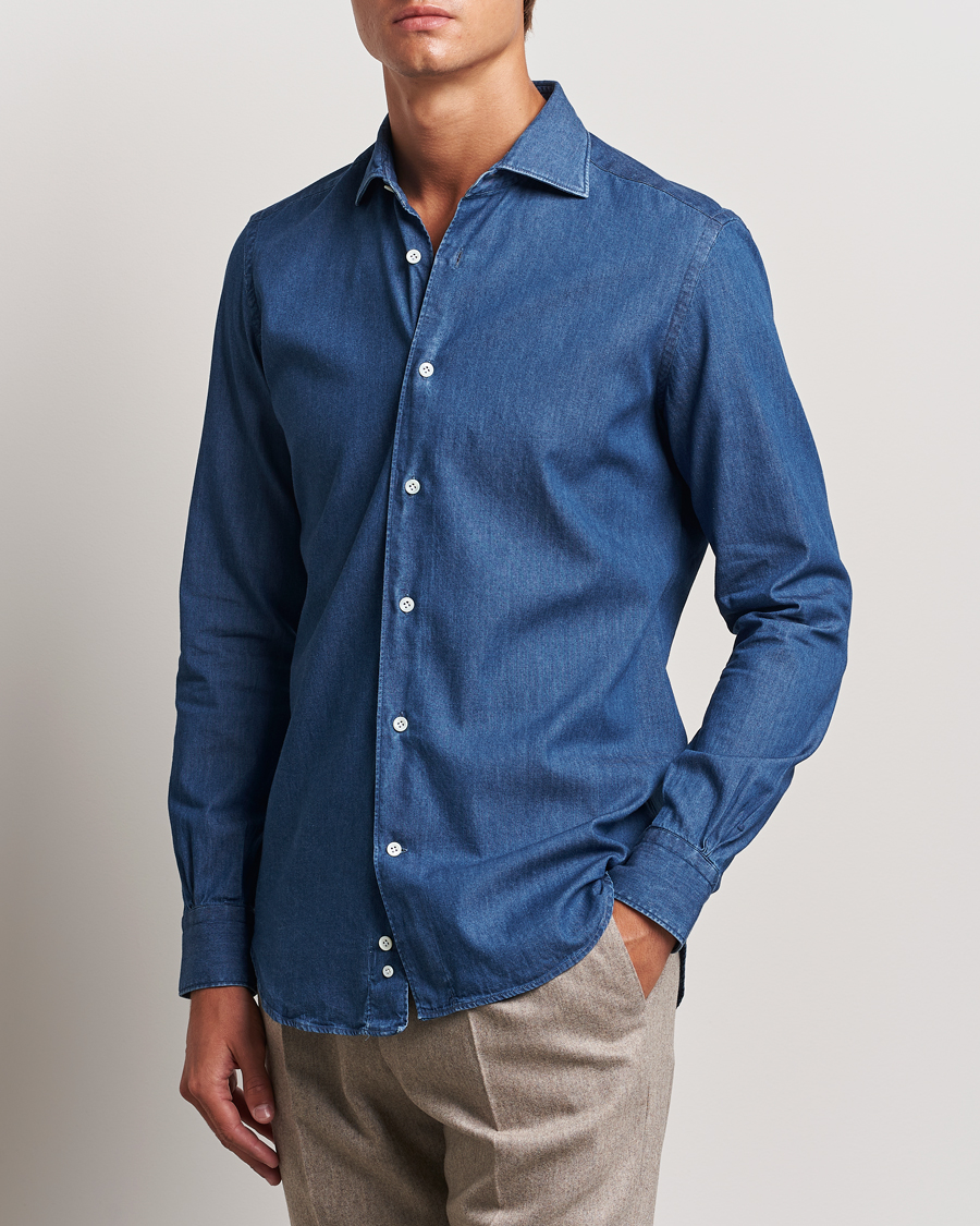 Men | Shirts | Mazzarelli | Soft Cotton Denim Shirt Stone Wash