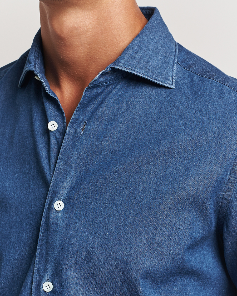 Men | Shirts | Mazzarelli | Soft Cotton Denim Shirt Stone Wash