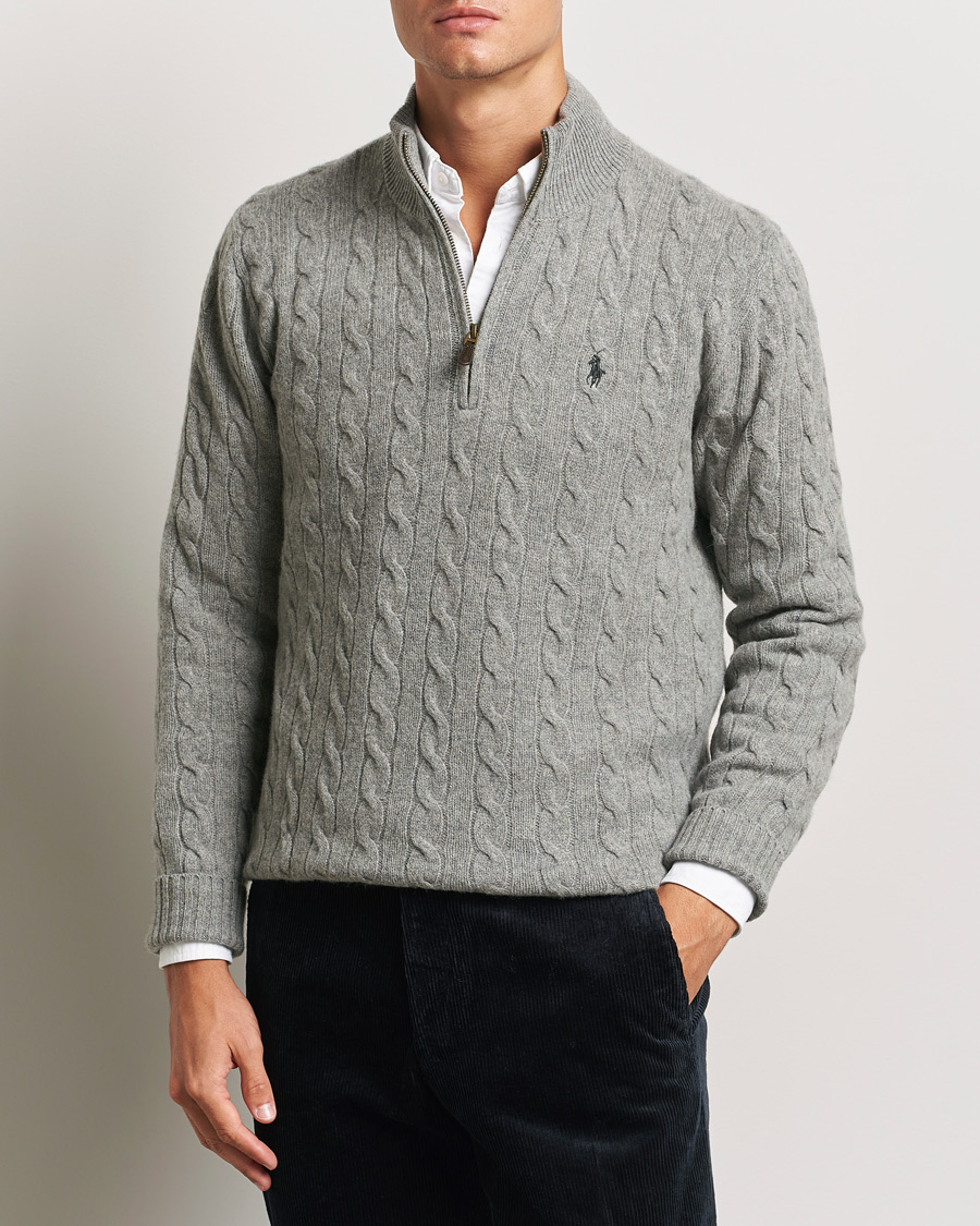 Men | Sweaters & Knitwear | Polo Ralph Lauren | Wool/Cashmere Cable Half Zip Fawn Grey Heather