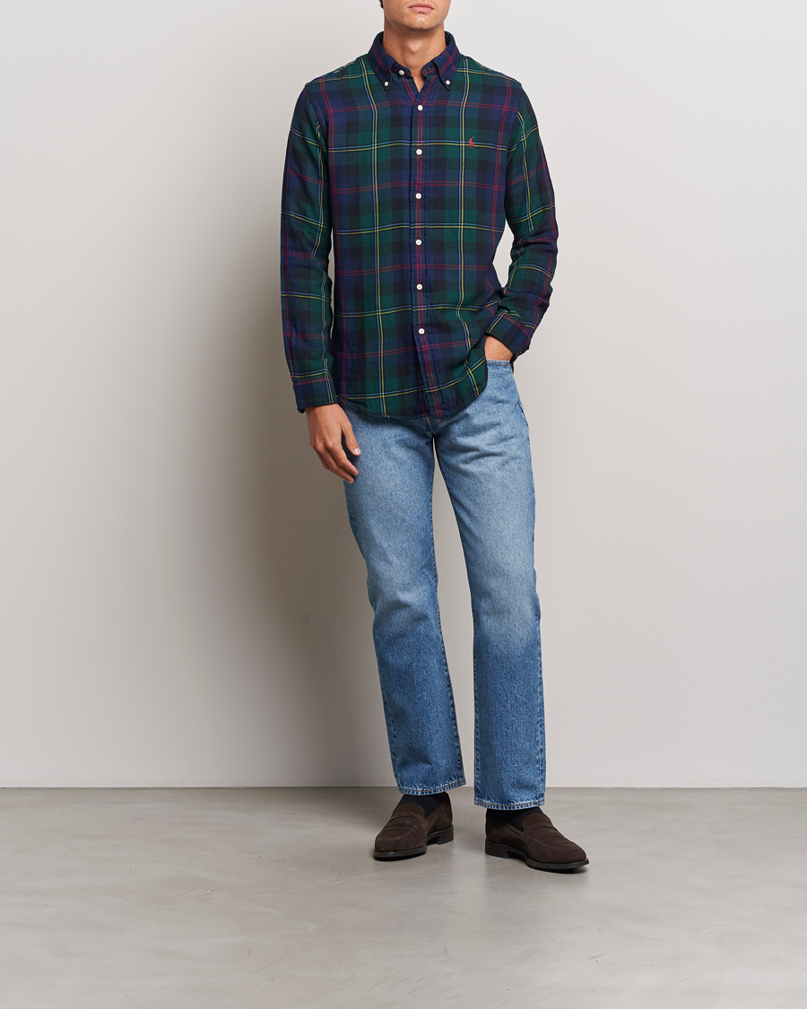 Men | Shirts | Polo Ralph Lauren | Custom Fit Double Faced Checked Shirt Green/Indigo
