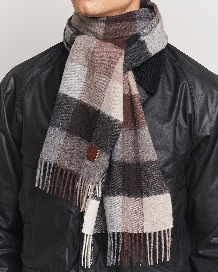 Men | Amanda Christensen Wool Block Check Scarf Brown/Grey | Amanda Christensen | Wool Block Check Scarf Brown/Grey