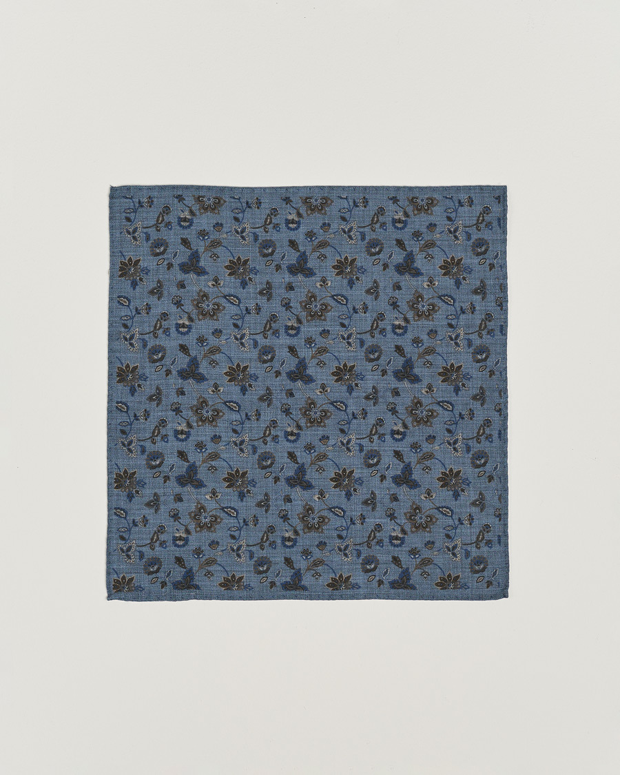 Men | Amanda Christensen Wool Flannel Printed Flower Pocket Square Blue | Amanda Christensen | Wool Flannel Printed Flower Pocket Square Blue