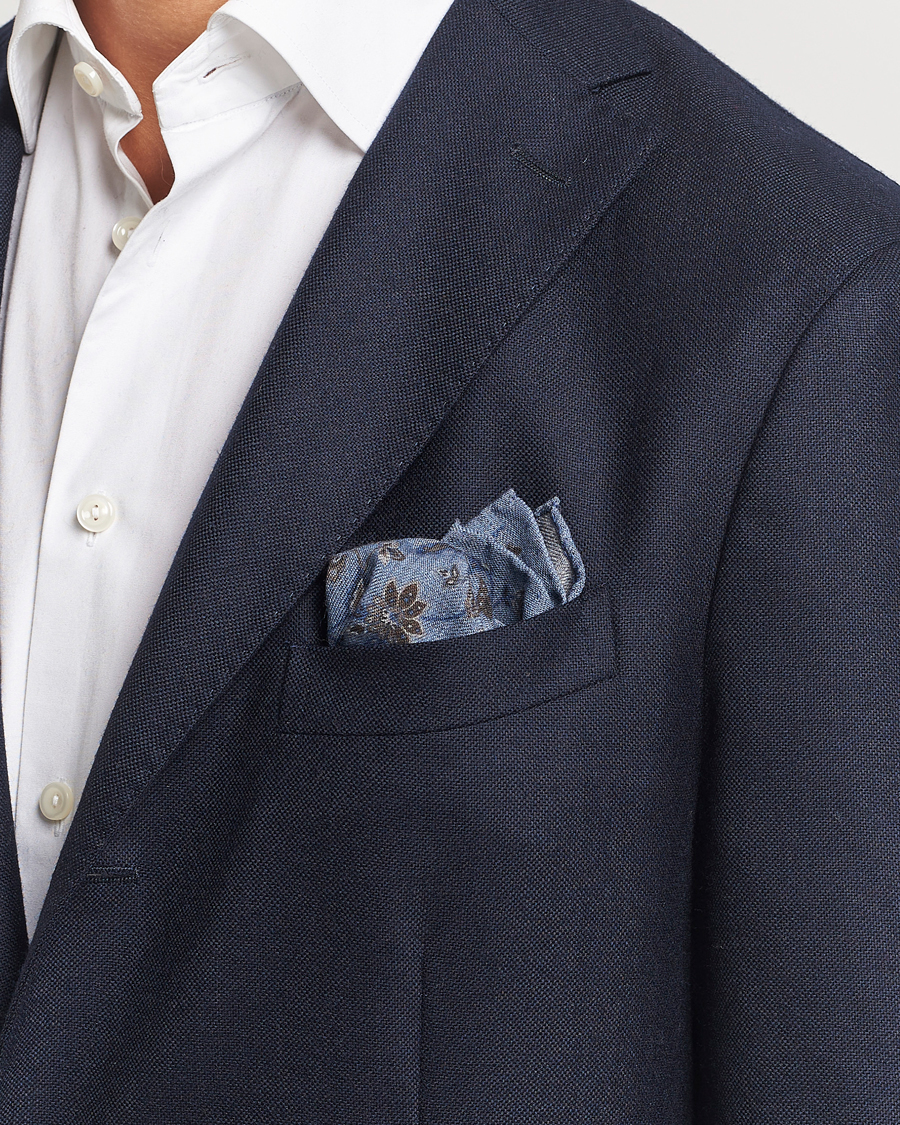 Men | Amanda Christensen Wool Flannel Printed Flower Pocket Square Blue | Amanda Christensen | Wool Flannel Printed Flower Pocket Square Blue