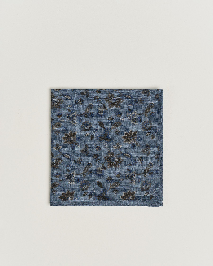 Men | Amanda Christensen Wool Flannel Printed Flower Pocket Square Blue | Amanda Christensen | Wool Flannel Printed Flower Pocket Square Blue
