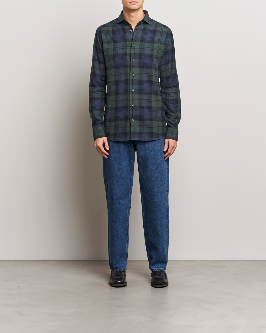 Men | Shirts | Eton | Slim Fit Checked Flannel Shirt Dark Green