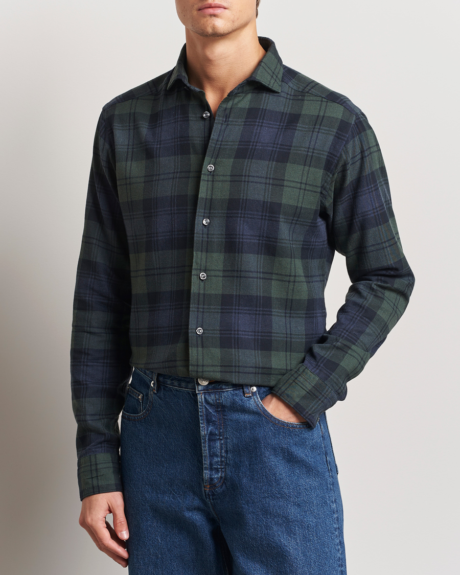 Men | Shirts | Eton | Slim Fit Checked Flannel Shirt Dark Green