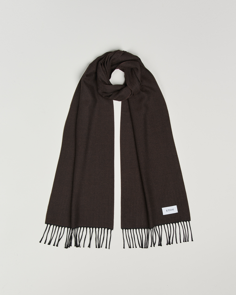 Men | Eton Merino Wool Herringbone Scarf Dark Brown | Eton | Merino Wool Herringbone Scarf Dark Brown