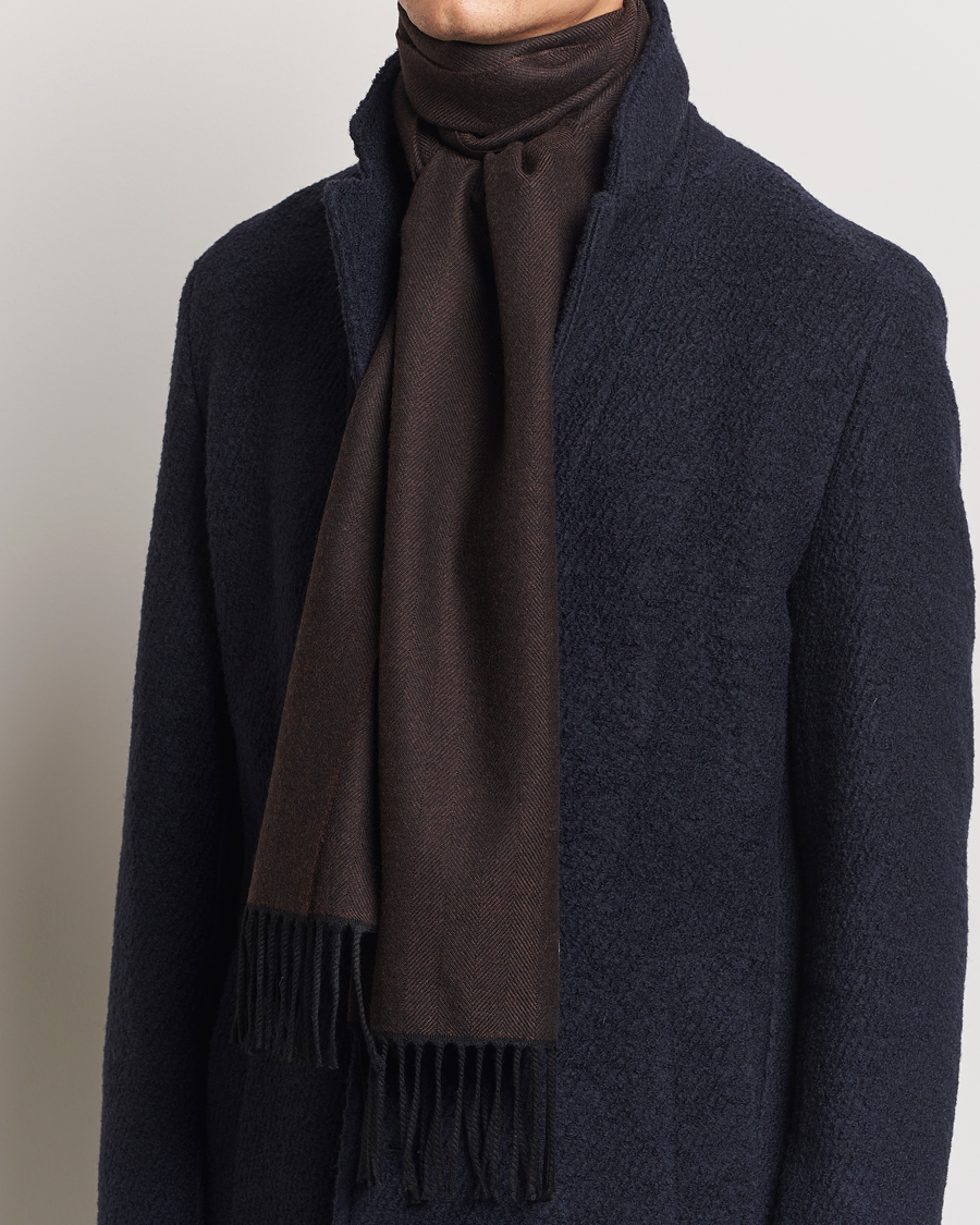 Men | Eton Merino Wool Herringbone Scarf Dark Brown | Eton | Merino Wool Herringbone Scarf Dark Brown