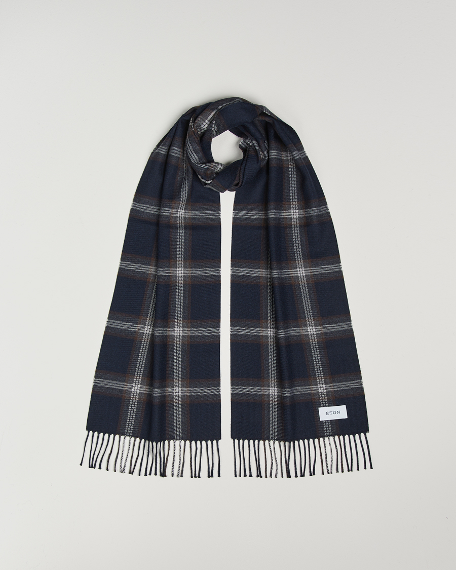 Eton Merino Wool Checked Scarf Navy Blue at CareOfCarl.com