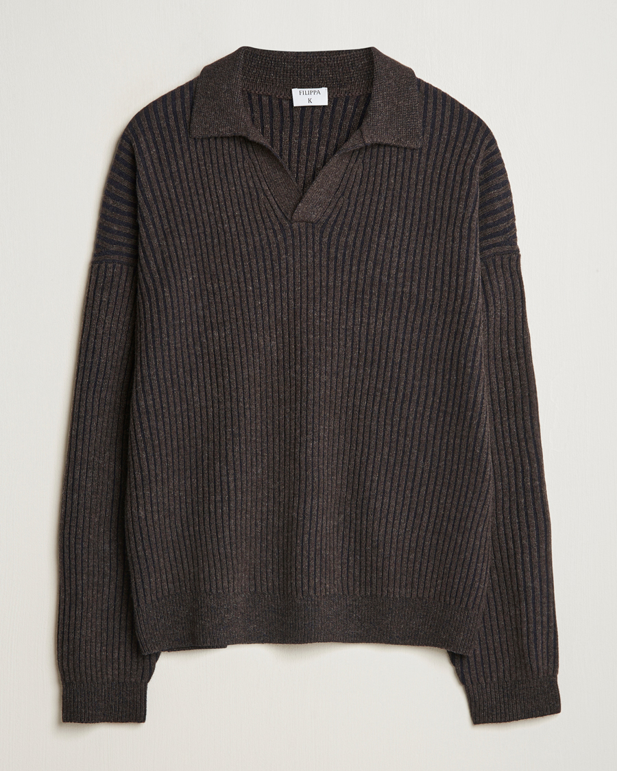 Men | Sweaters & Knitwear | Filippa K | Rib Knitted Polo Shirt Mocha/Navy