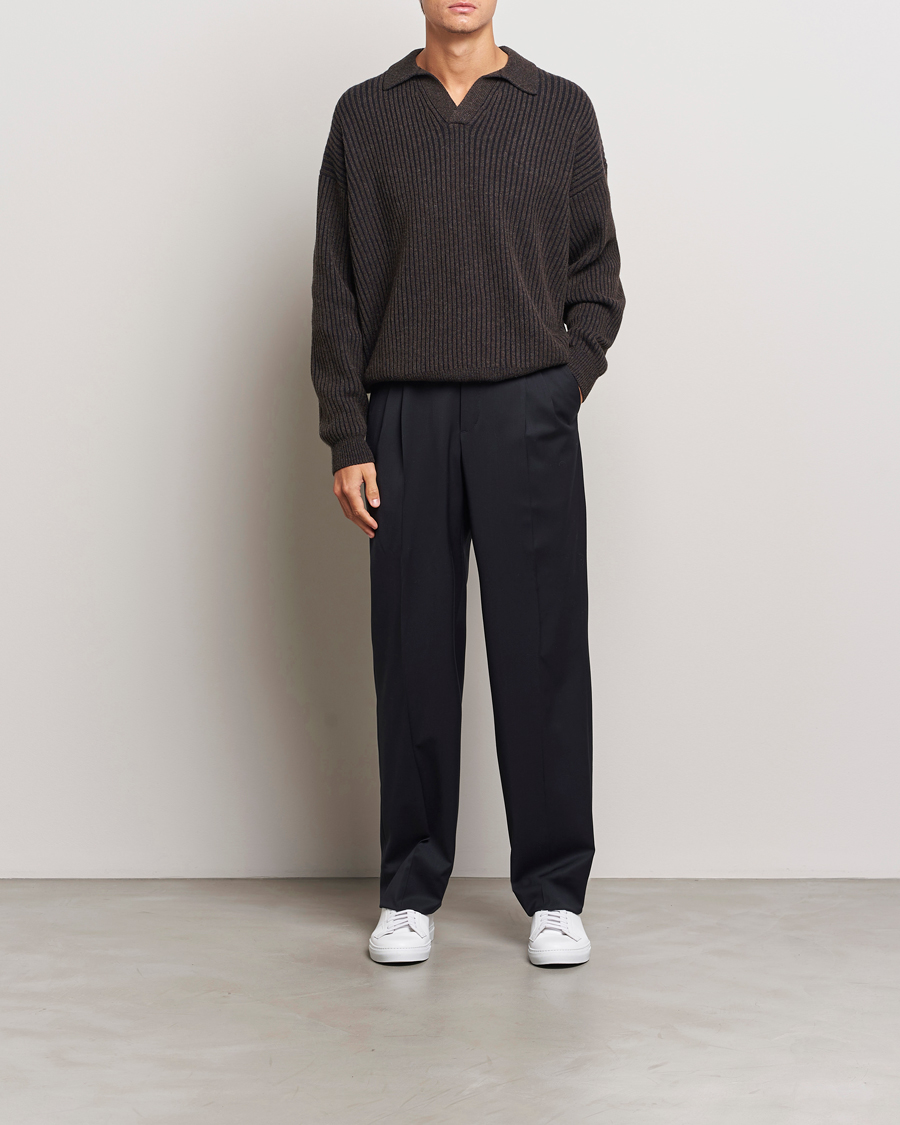 Men | Sweaters & Knitwear | Filippa K | Rib Knitted Polo Shirt Mocha/Navy