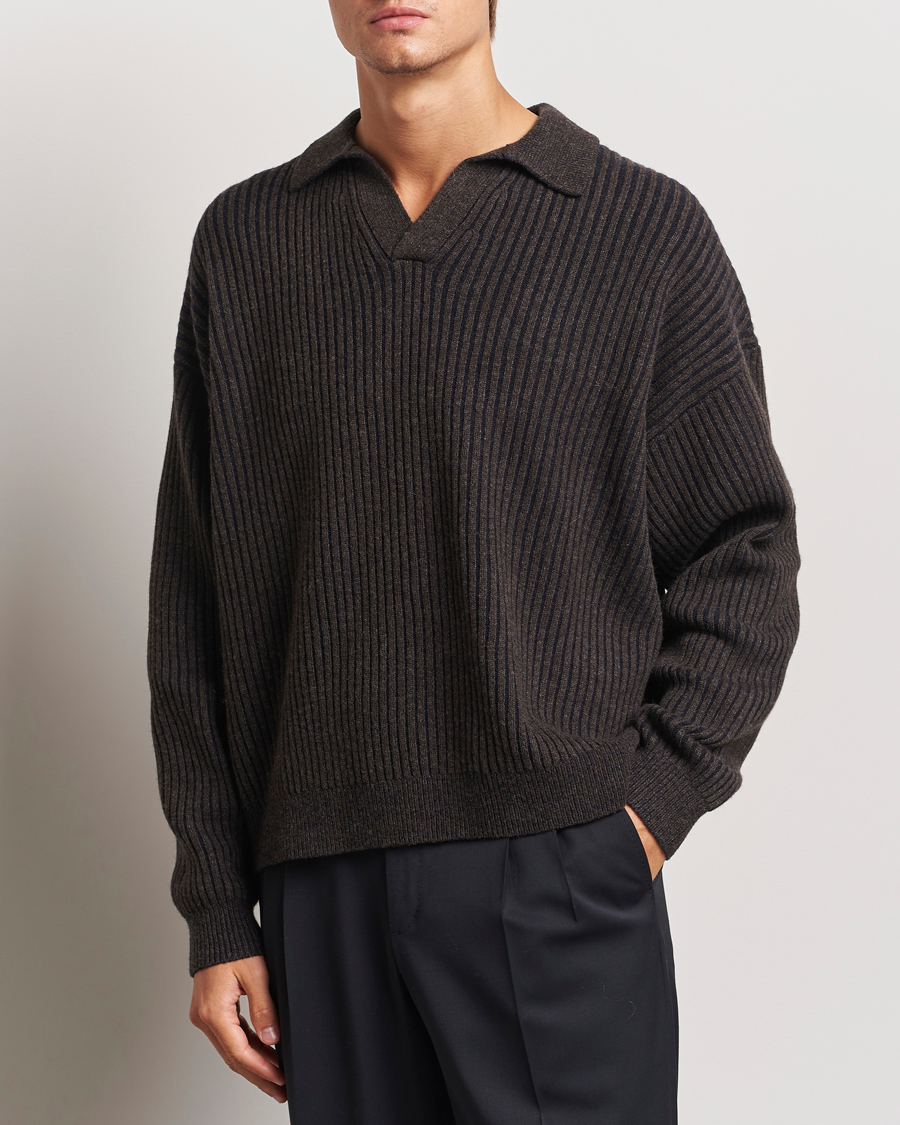 Men | Sweaters & Knitwear | Filippa K | Rib Knitted Polo Shirt Mocha/Navy