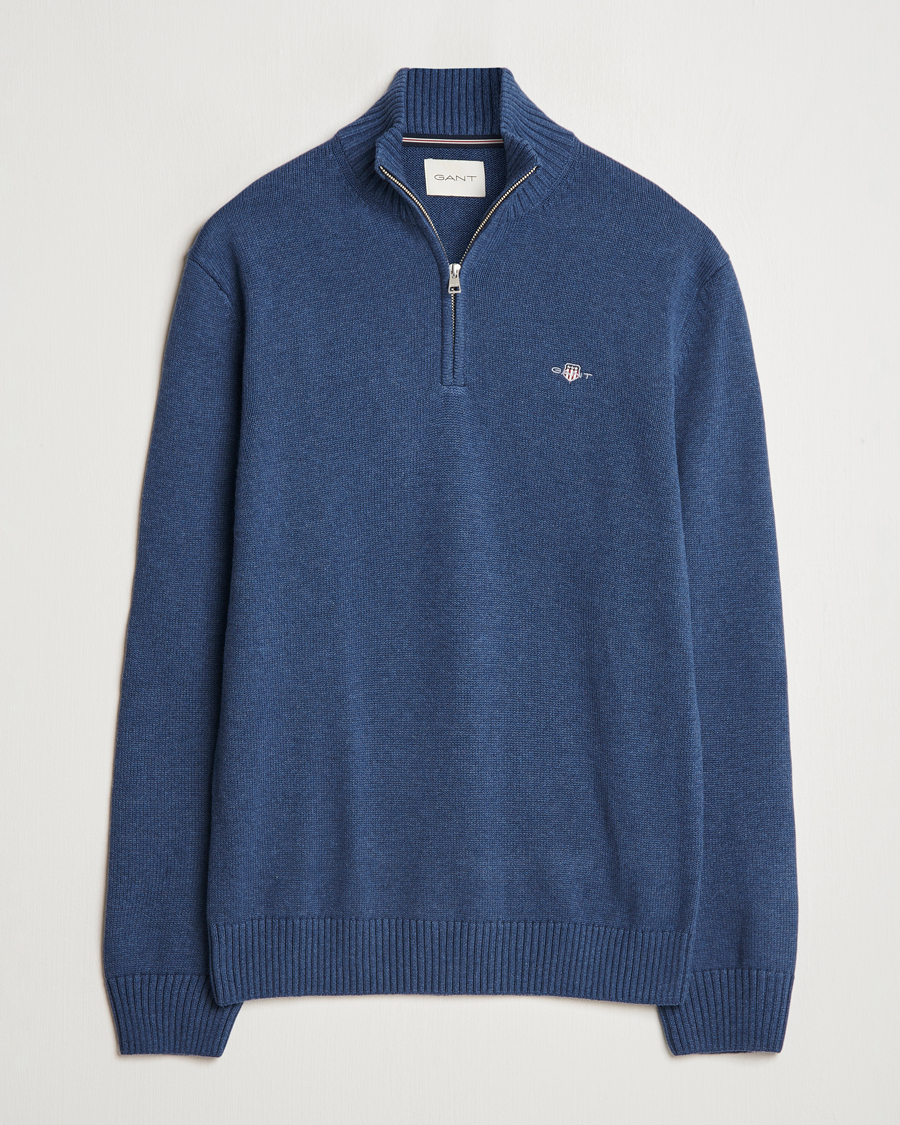 Men | Sweaters & Knitwear | Gant | Casual Cotton Half Zip Dark Jeans Blue Melange