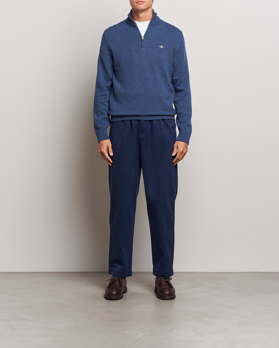 Men | Sweaters & Knitwear | Gant | Casual Cotton Half Zip Dark Jeans Blue Melange