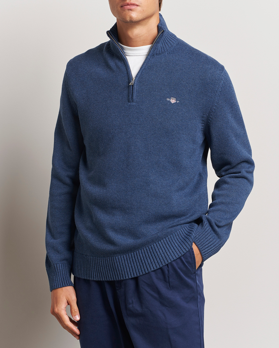 Men | Sweaters & Knitwear | Gant | Casual Cotton Half Zip Dark Jeans Blue Melange