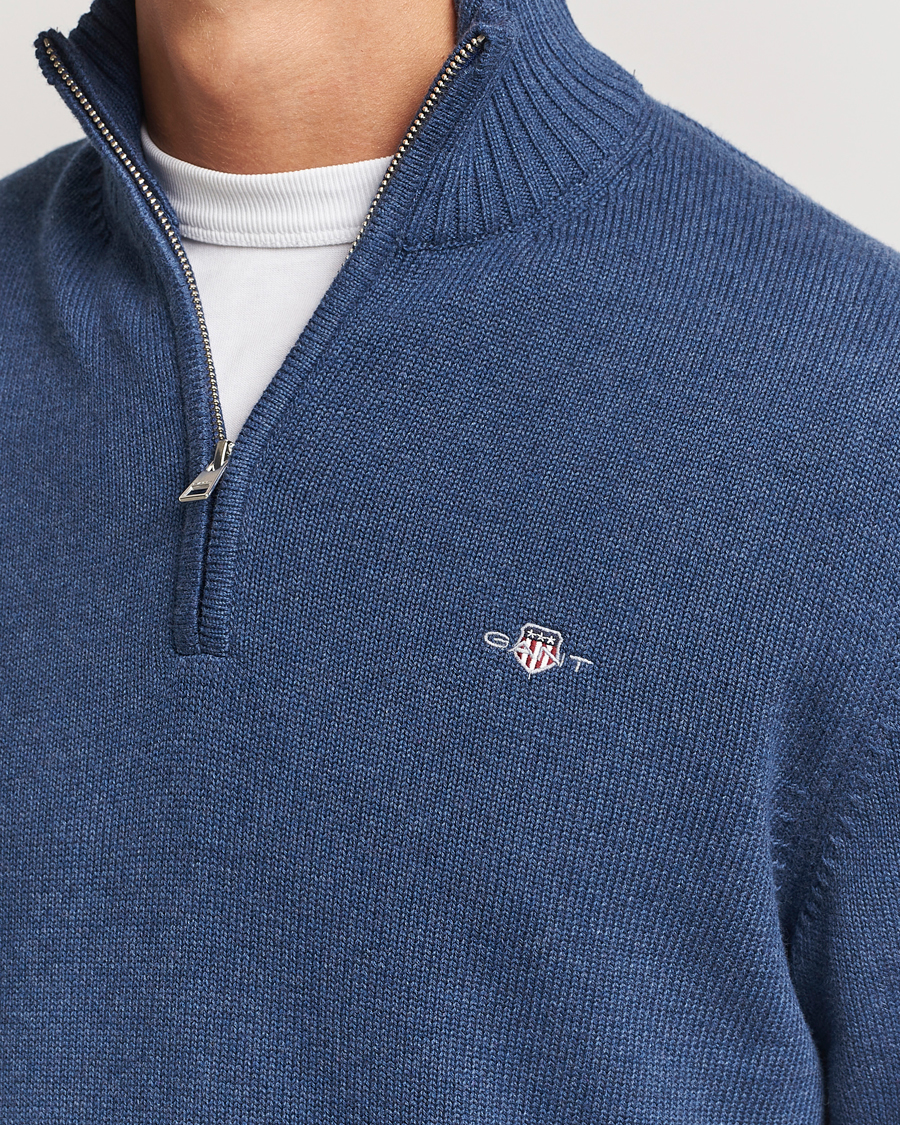 Men | Sweaters & Knitwear | Gant | Casual Cotton Half Zip Dark Jeans Blue Melange