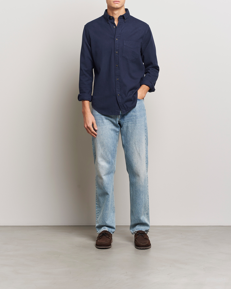 Men | Shirts | GANT | Regular Herringbone Flannel Shirt Evening Blue