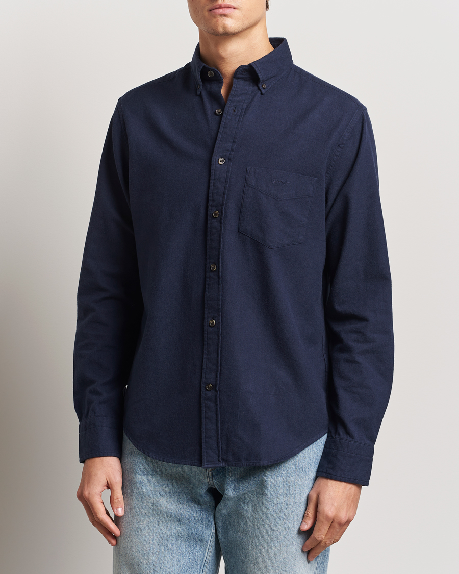 Men | Shirts | GANT | Regular Herringbone Flannel Shirt Evening Blue