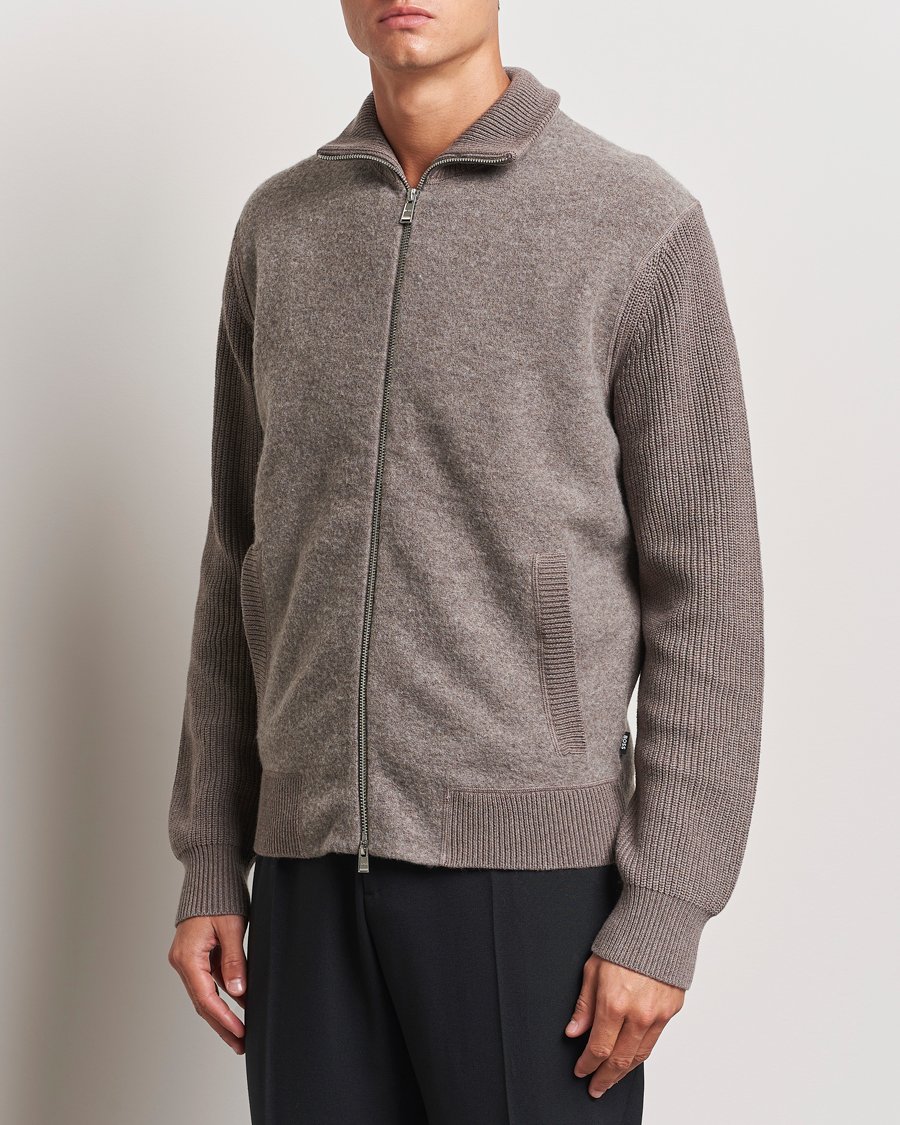 Men | Sweaters & Knitwear | BOSS BLACK | Emeraviglio Wool/Cotton Full Zip Dark Beige