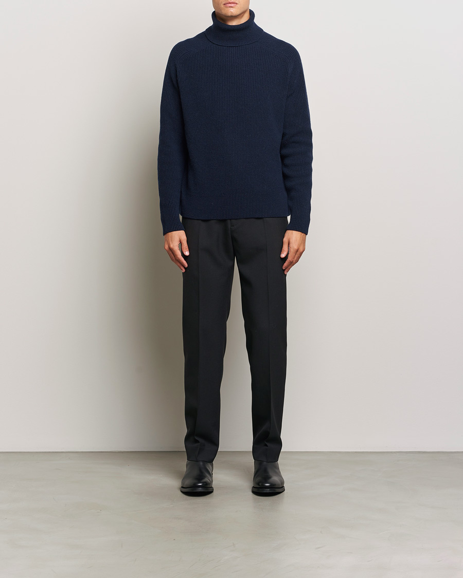 Men | Sweaters & Knitwear | BOSS BLACK | Evento Wool Rib Knitted Polo Dark Blue