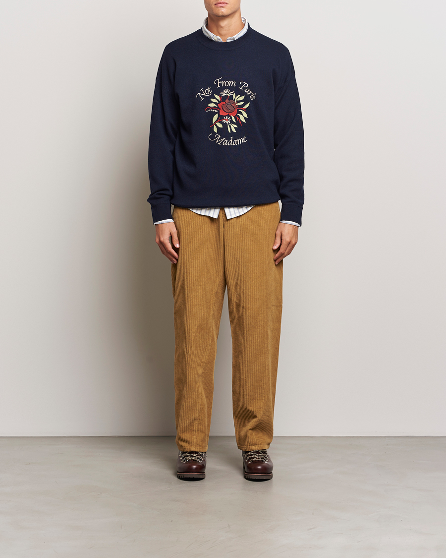 Men | Sweaters & Knitwear | Drôle de Monsieur | Flower Slogan Pullover Dark Navy