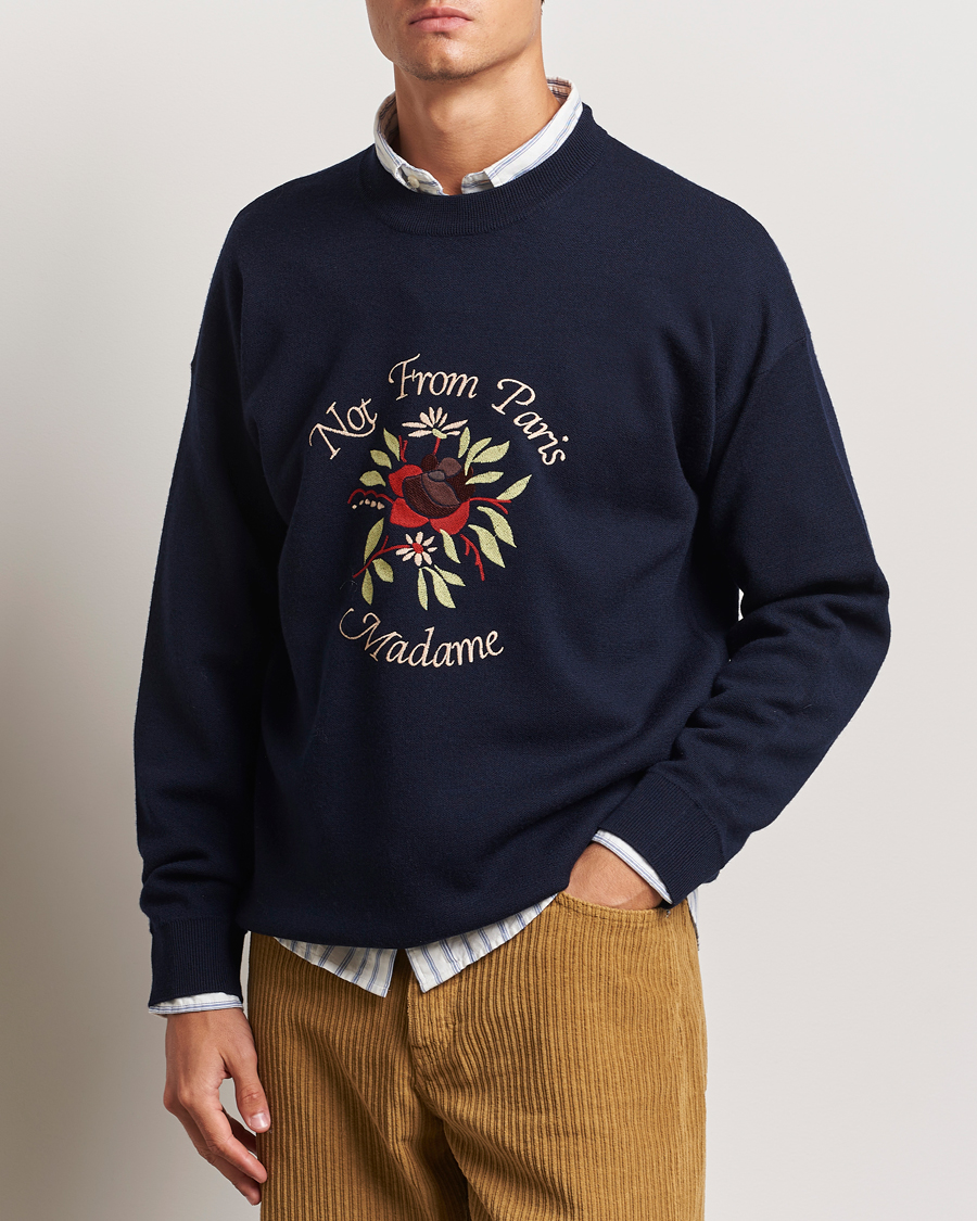 Men | Sweaters & Knitwear | Drôle de Monsieur | Flower Slogan Pullover Dark Navy