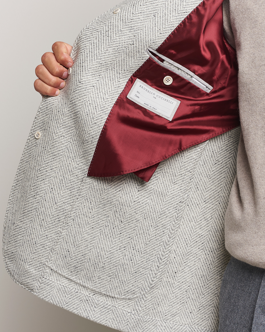 Brunello Cucinelli Cashmere Herringbone City Jacket Pearl Grey at