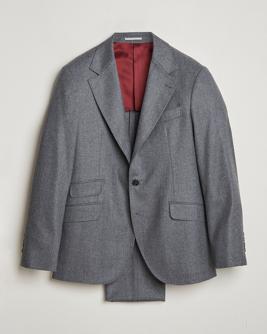 Men | Suits | Brunello Cucinelli | Single Breasted Flannel Suit Grey Melange