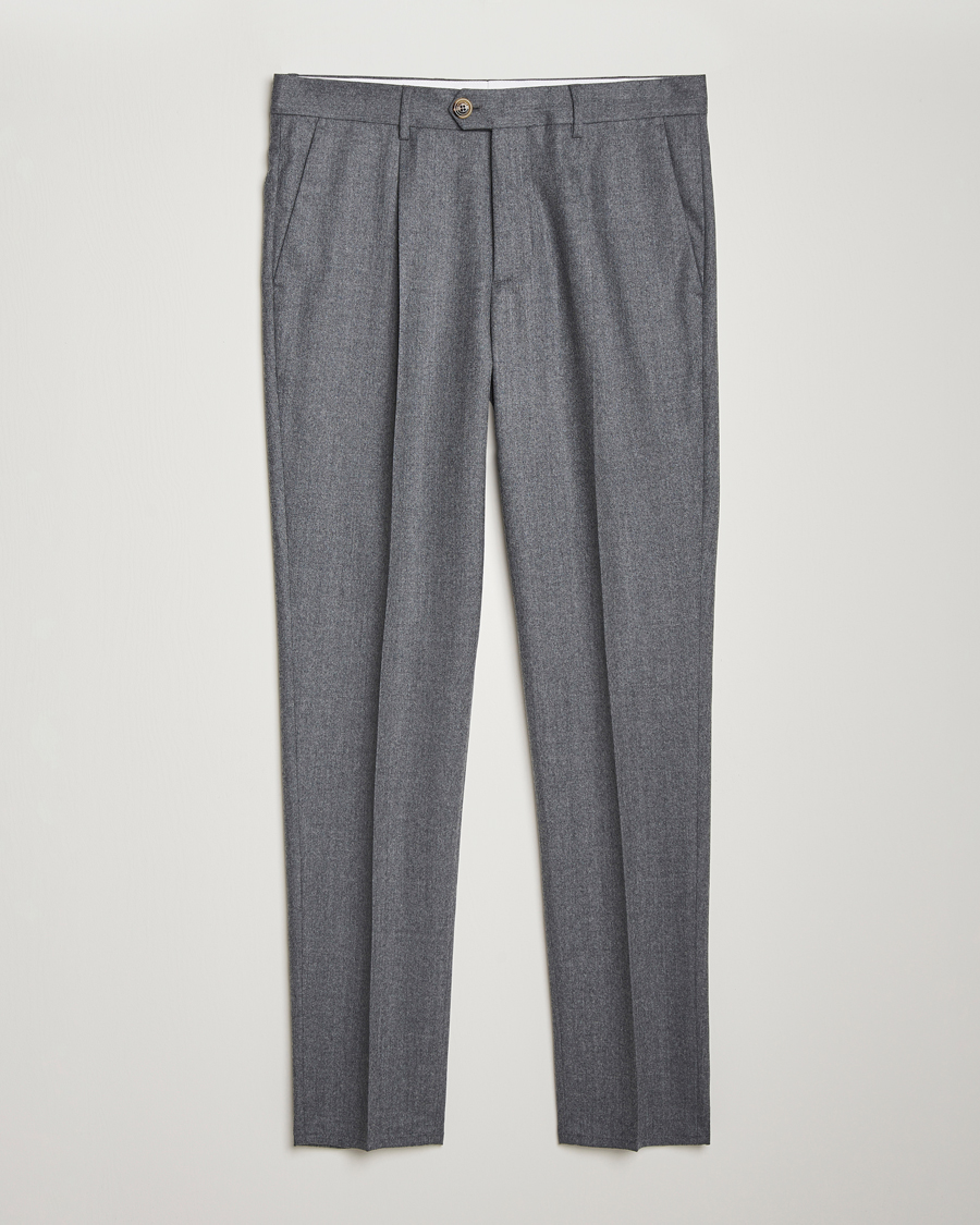 Men | Trousers | Brunello Cucinelli | Slim Fit Pleated Flannel Trousers Grey Melange