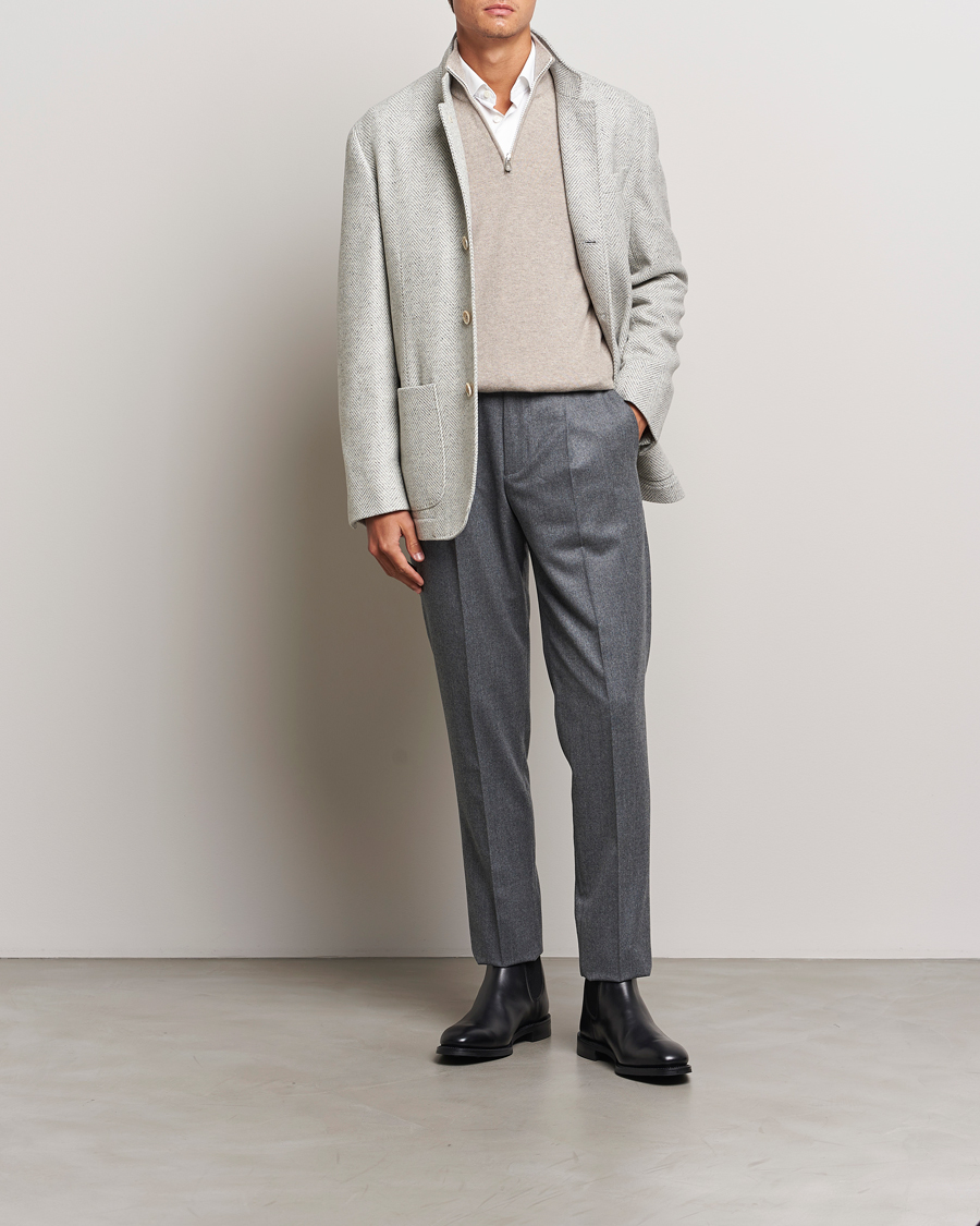 Men | Trousers | Brunello Cucinelli | Slim Fit Pleated Flannel Trousers Grey Melange