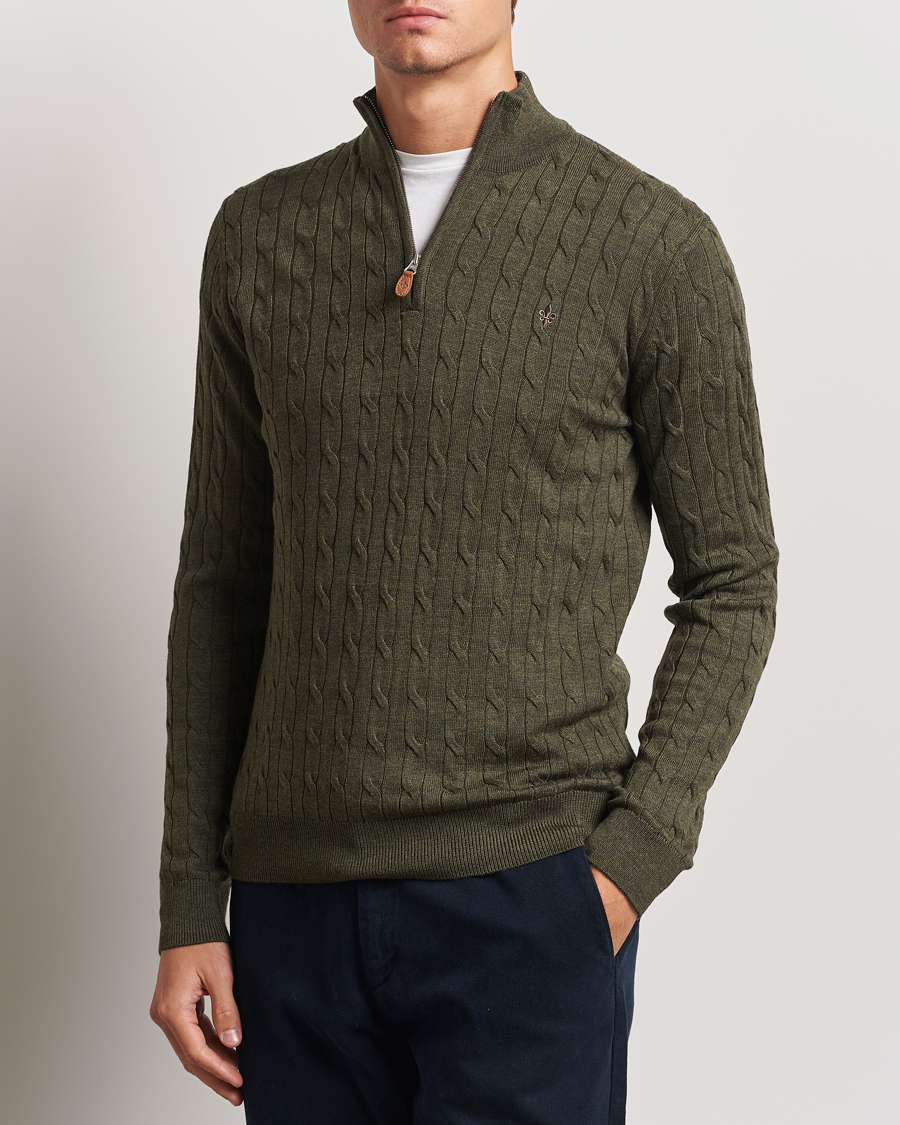 Men | Sweaters & Knitwear | Morris | Merino Cable Half Zip Olive