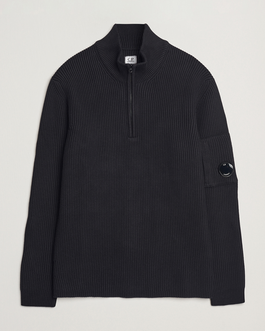 Men | Sweaters & Knitwear | C.P. Company | Full Rib Knitted Cotton Half Zip Black