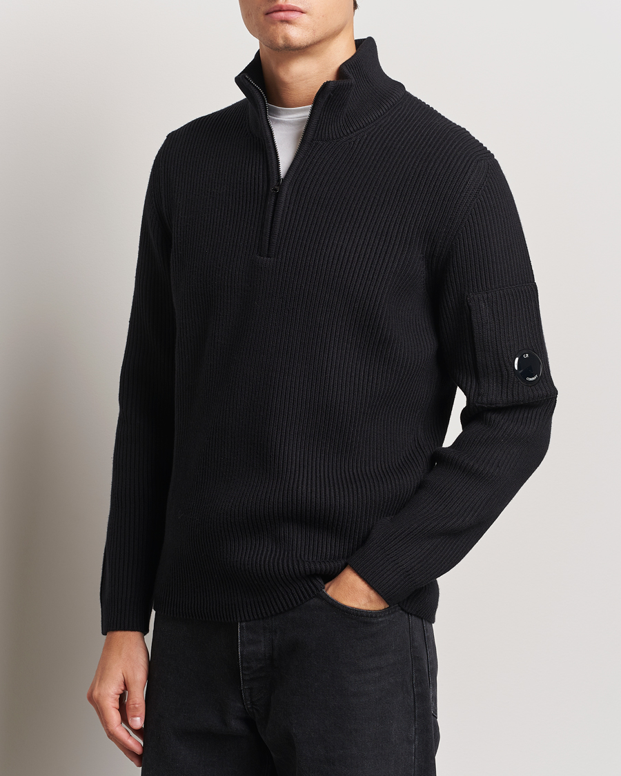 Men | Sweaters & Knitwear | C.P. Company | Full Rib Knitted Cotton Half Zip Black