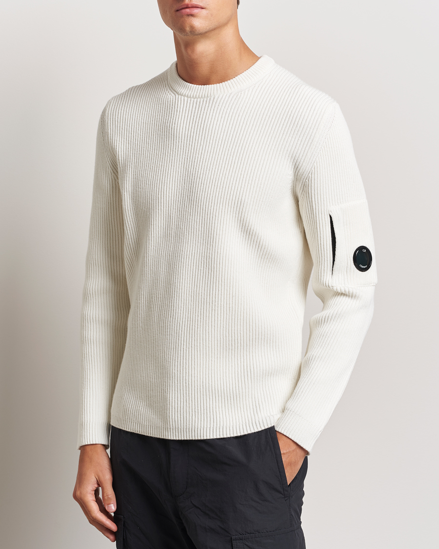Men | Sweaters & Knitwear | C.P. Company | Full Rib Knitted Cotton Crew Neck Off White