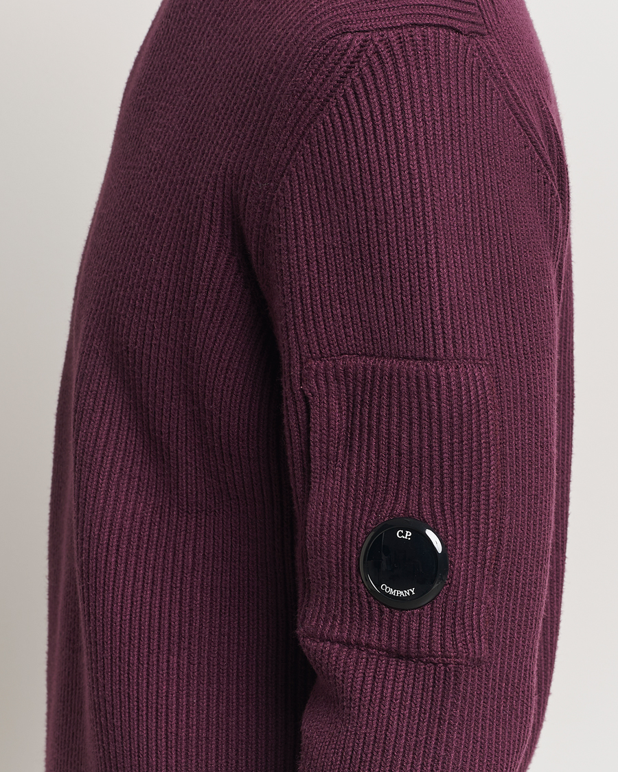C.P. Company Full Rib Knitted Cotton Crew Neck Burgundy at
