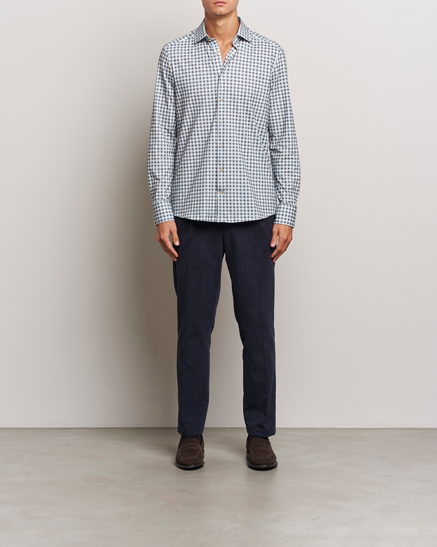 Men | Shirts | Stenströms | Slimline 4-Way Stretch Checked Shirt Blue