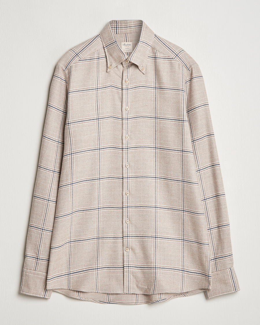 Men | Shirts | Stenströms | Slimline Flannel Overcheck Shirt Light Brown